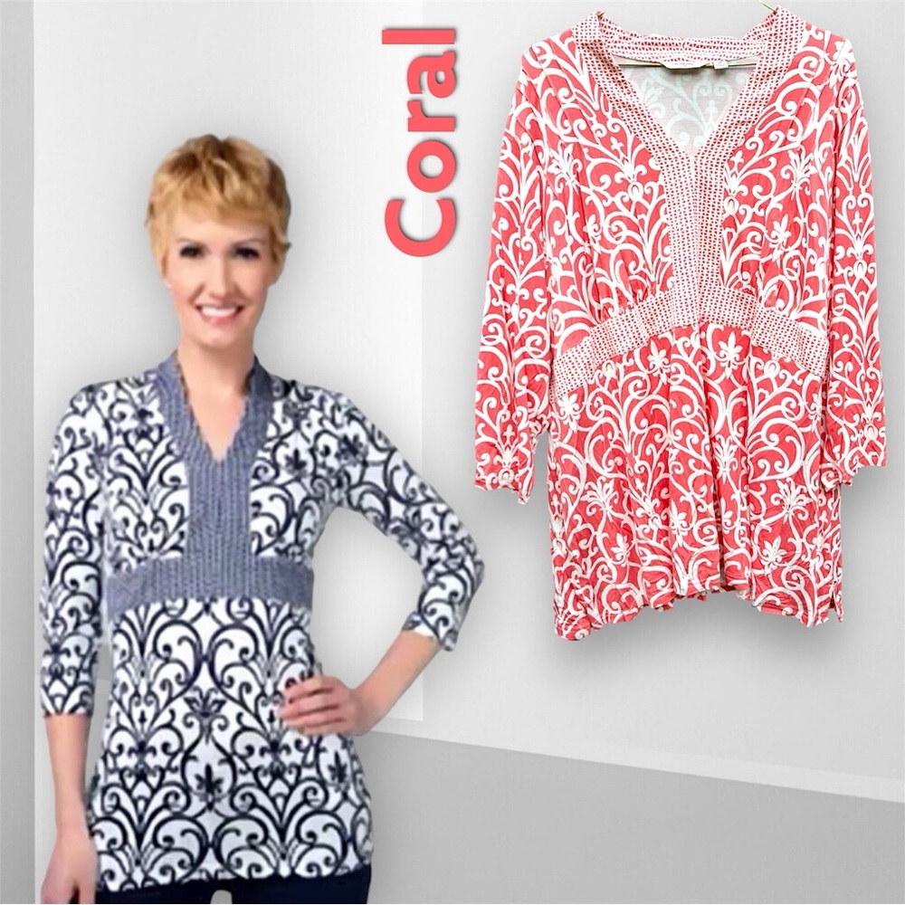 Liz Claiborne 3/4 Sleeve Twin Print Knit Tunic, 2X Coral